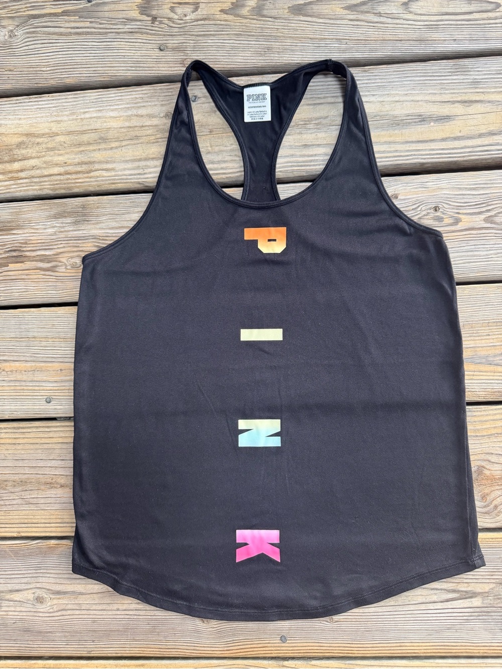PINK Victoria's Secret Black Racerback Tank with Vertical Ombré Rainbow Letters